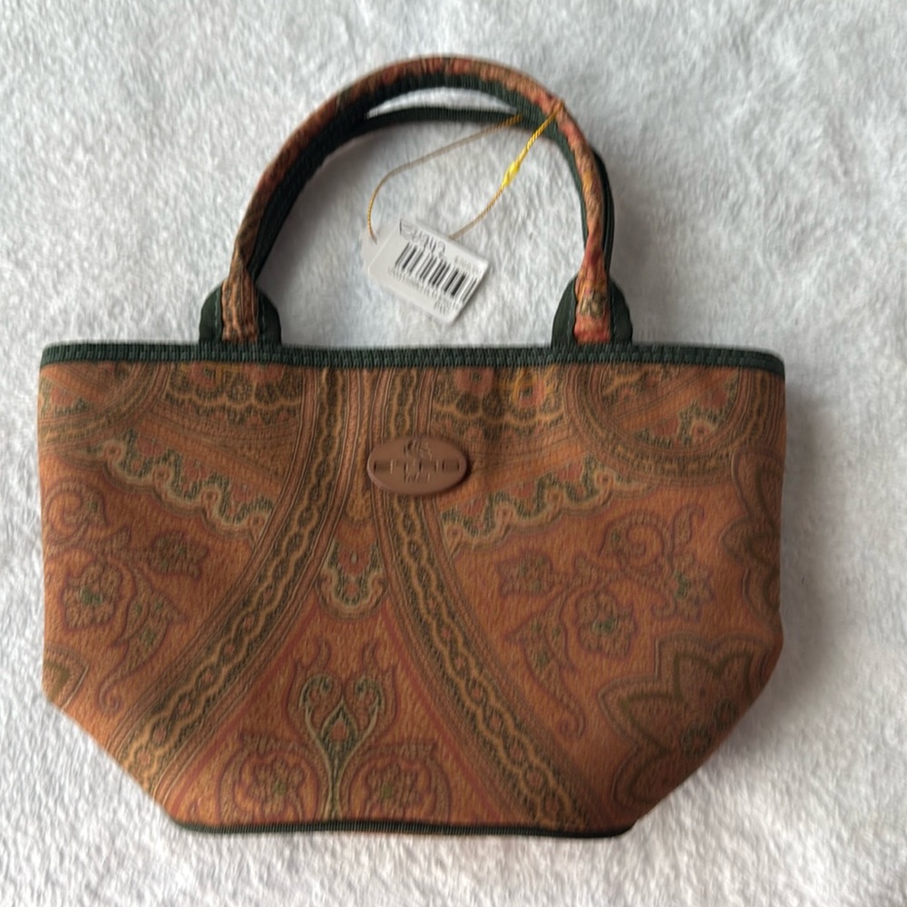 Etro Mini Satchel European Luxury Top Handle Bag Paisley Print Amber & Green